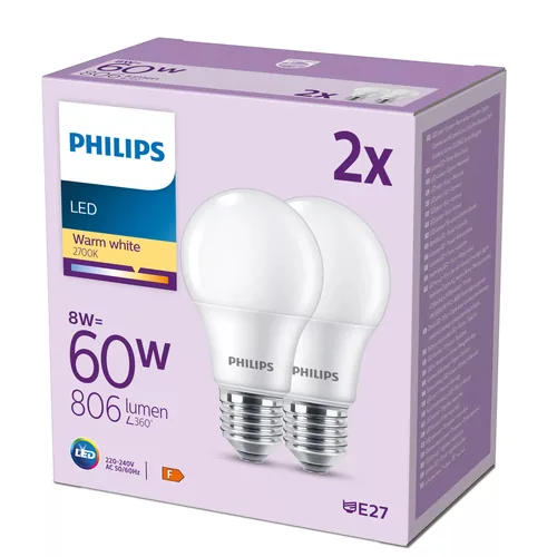 Philips Lampe LED 60W A60 E27 WW FR ND 2CT/6 EC Warmweiss (WW) - Energieeffizienzklasse EnEV 2020: F - Lampensockel: E27 - Farbtemperatur Kelvin: 2700 K - Gesamtleistung: 8 W - Dimmbar: nicht dimmbar - Zusätzliche Ausstattung: Keine