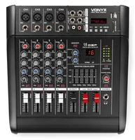 Vonyx Mischpult AM5A Powermixer - Bauform: Pultform - Stereoeingänge: 1 - Digitale Schnittstelle: USB - Mic-/Linekanäle: 4 - Auxwege: 1 - Powermixer: Ja