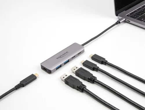 Delock USB-Hub 2x USB C 5Gbps/2x USB A 5Gbps - Stromversorgung: USB-C - Anzahl Ports: 4 - Detailfarbe: Grau - USB Standard: 3.0/3.1/3.2 Gen 1 (5 Gbps) - USB Anschluss 2 (Endgerät): USB A - USB C - USB Anschluss 1 (Quelle): USB C