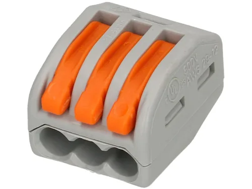 WAGO Verbindungsklemme Wago Klemme 3L 3-fach, 8 Stück - Verwendung Klemmen: Drähte + Litzen - Schutzklasse: IP20 - Verpackungseinheit: 8 Stück - Detailfarbe: Orange - Eigenschaften Hausinstallation: Steckklemme - Flammwidrig - E-Nr.: 0