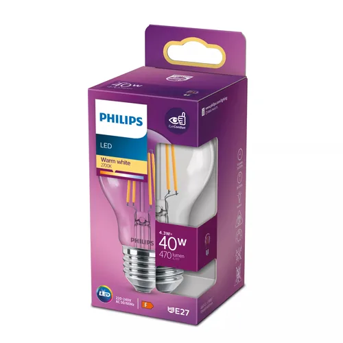 Philips Lampe LEDcla 40W E27 A60 WW CL ND Warmweiss (WW) - Energieeffizienzklasse EnEV 2020: F - Lampensockel: E27 - Farbtemperatur Kelvin: 2700 K - Gesamtleistung: 4.3 W - Dimmbar: nicht dimmbar - Zusätzliche Ausstattung: EyeComfort