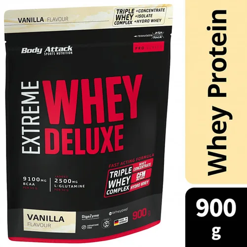 Body Attack Pulver Extreme Whey Deluxe Erdbeere 900 g - Produktionsland: Deutschland - Anwendungszweck: Muskelaufbau - Kraft - Einnahme: Nach Aktivität - Vor Aktivität - Gewicht pro Einheit: 900 g - Verpackungseinheit: 1 Stück - Sportart: Fitness