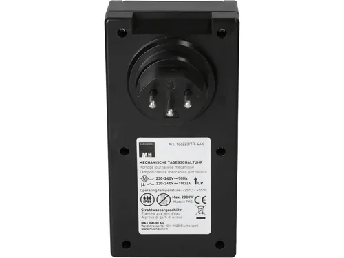Max Hauri Zeitschaltuhr IP55 24 h Mechanisch - Montage: Zwischenstecker - Kürzeste Schaltzeit: 15 min - Anwendungsbereich: Outdoor - Indoor - Anzahl Schaltpunkte: 24 - Funktionsweise Zeitschaltuhr: Mechanisch - Funktionen: Dauerbetrieb Ein/Aus