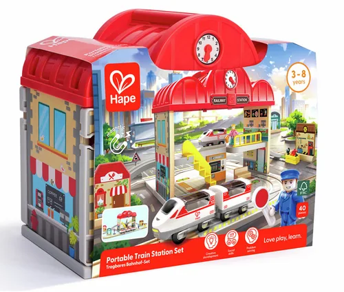 Hape Tragbares Bahnhof-Set - Kategorie: Gebäude - Altersempfehlung ab: 3 Jahren - Material: FSC®-Holz - Kunststoff - Eigenschaften: Keine Eigenschaft - Zertifikate: Keine Zertifizierung