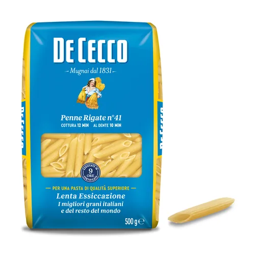 De Cecco Teigwaren Penne rigate Nr. 41 500 g - Produkttyp: Penne & Röhren - Nährwertangabe pro: 100 g - Energiegehalt (in kj): 1493 KJ - Energiegehalt (in kcal): 352 Kcal - Fett: 1.5 g - Gesättigte Fettsäuren: 0.3 g