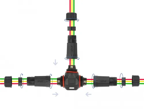 Delock Verbindungsmuffe IP68, T-Stück, 3 Pin, 4.5 - 7.5 mm schwarz - Breite: 25 mm - Länge: 114 mm - Tiefe: 25 mm - Schutzklasse: IP68 - Montage: Aufputz - E-Nr.: 999999999