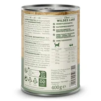 Wildes Land Nassfutter Lamm mit Reis, Zucchini und Wildkräutern 400 g - Tierbedürfnis: Kein besonderes Bedürfnis - Nachhaltigkeit: Nicht angegeben - Lebensphase: Adult - Tierart: Hund - Fleischsorte: Lamm - Futtereigenschaft: Glutenfrei - Ohne künstliche 