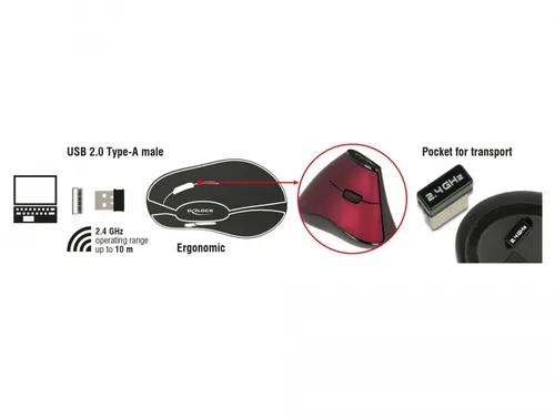 Delock Ergonomische Maus 12528 USB  kabellos - Maus-Typ: Ergonomisch - Maus Features: Daumentaste - Scrollrad - Bedienungsseite: Rechtshänder - Detailfarbe: Weinrot - Schwarz - Verbindungsart: Kabellos - Schnittstelle: USB-A