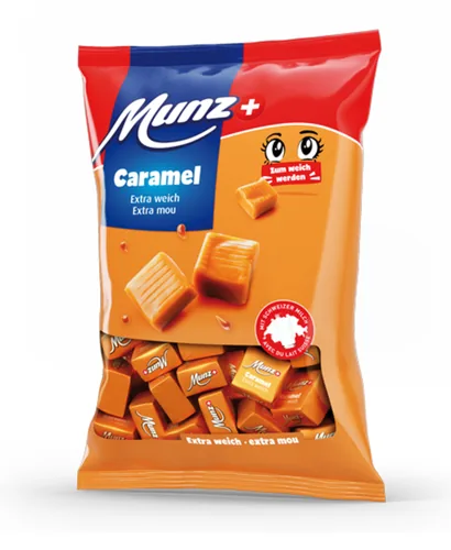 Munz Munz Caramel extra weich 200 g - Produkttyp: Kaubonbons - Nährwertangabe pro: 100 g - Energiegehalt (in kj): 1783 KJ - Energiegehalt (in kcal): 422 Kcal - Fett: 10 g - Gesättigte Fettsäuren: 6.2 g