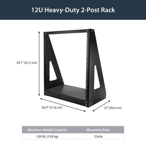 StarTech.com 12U 2-Post Open Frame Desktop Server Rack, 19in Compact Space-Saving Floor IT Rack with 350lb (160kg) Weight Capacity