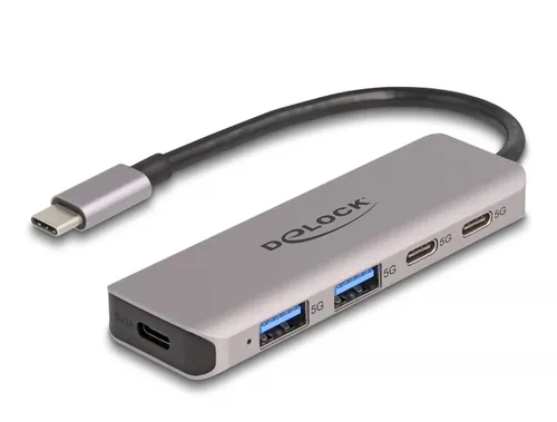 Delock USB-Hub 2x USB C 5Gbps/2x USB A 5Gbps - Stromversorgung: USB-C - Anzahl Ports: 4 - Detailfarbe: Grau - USB Standard: 3.0/3.1/3.2 Gen 1 (5 Gbps) - USB Anschluss 2 (Endgerät): USB A - USB C - USB Anschluss 1 (Quelle): USB C