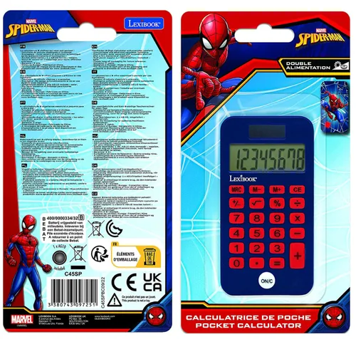 Lexibook Taschenrechner Spiderman - Stromversorgung: Solarbetrieb - Batteriebetrieb - Typ: Taschenrechner - Detailfarbe: Rot - Blau - Displaytyp: Digital - Anzahl Zeilen: 1 × - Anzahl Stellen: 8 ×