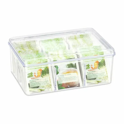relaxdays Teebeutel-Box Transparent - Detailfarbe: Transparent - Anzahl Fächer: 6 × - Teeform: Teebeutel - Material: Kunststoff