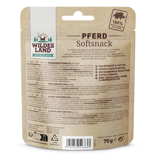 Wildes Land Snack Pferd 70 g - Snackart: Leckerli - Tierbedürfnis: Kein besonderes Bedürfnis - Geschmacksrichtung: Pferd - Zertifikate: Keine Zertifizierung - Fleischsorte: Pferd - Futtereigenschaft: Getreidefrei - Bio
