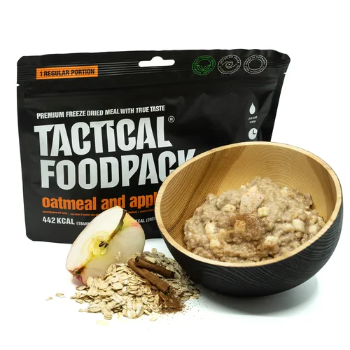Tactical Foodpack Frühstück Oatmeal mit Äpfel - Produkttyp: Frühstück - Nährwertangabe pro: Portion - Energiegehalt (in kj): 1630 KJ - Energiegehalt (in kcal): 390 Kcal - Fett: 12.9 g - Gesättigte Fettsäuren: 7 g