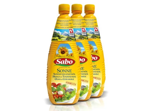 Sabo Sonnenblumenöl raffiniert Sonne 3 x 1 l - Produkttyp: Sonnenblumenöl - Nährwertangabe pro: 100 ml - Energiegehalt (in kj): 3404 KJ - Energiegehalt (in kcal): 828 Kcal - Fett: 92 g - Gesättigte Fettsäuren: 10 g