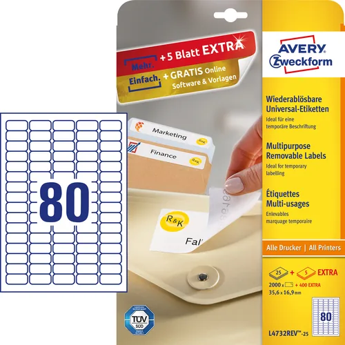 AVERY ZWECKFORM Universal-Etikett. 35.6x16.9mm L4732REV-25 weiss 2400 Stk./25 + 5 Blatt