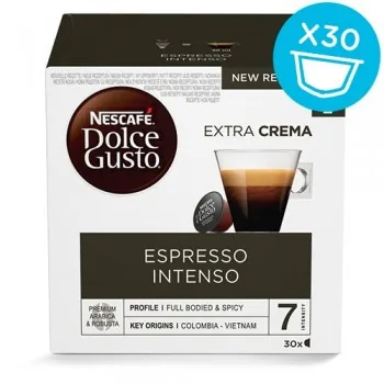 Nescafé Kaffeekapseln Dolce Gusto Espresso Intenso 30 Stück - Entkoffeiniert: Nein - Produktionsland: Spanien - Packungsgrösse: 30 Stück - Geschmacksrichtung: Keine - Getränkeart: Espresso - Kaffeeart: NESCAFÉ Dolce Gusto