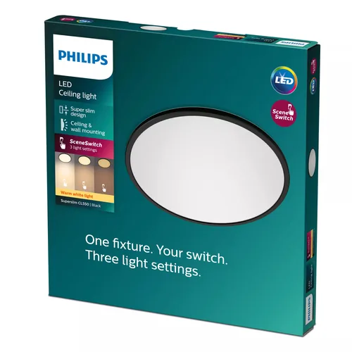Philips Deckenleuchte LED SceneSwitch CL550 1300 lm 2700K, Schwarz - Leuchten Kategorie: Deckenleuchte - Betriebsart: Netzbetrieb - Lampensockel: LED fest verbaut - Farbtemperatur Kelvin: 2700 K - Dimmbar: nicht dimmbar - Farbwiedergabeindex CRI: 80