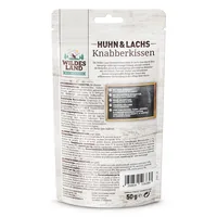 Wildes Land Katzen-Snack Knabberkissen Huhn und Lachs 50 g - Snackart: Leckerli - Tierbedürfnis: Kein besonderes Bedürfnis - Packungsgrösse: 50 g - Produkttyp: Ergänzungsfutter - Fleischsorte: Huhn - Lachs - Tierart: Katze