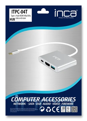 Inca ITPC-04T interface hub USB Type-C 5000 Mbit/s Silver, White