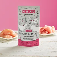 Grau Nassfutter Huhn & Kalb, 16 x 125 g - Tierbedürfnis: Kein besonderes Bedürfnis - Geschmacksrichtung: Geflügel - Kalb - Zertifikate: Keine Zertifizierung - Fleischsorte: Kalb - Huhn - Futtereigenschaft: Glutenfrei - Ohne Zuckerzusatz - Hoher Fleischant