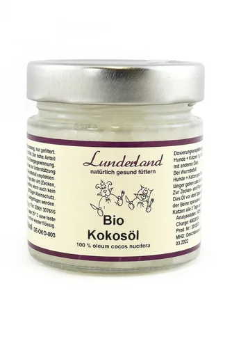 Lunderland Hunde-Nahrungsergänzung Bio-Kokosöl, 200 g - Nahrungsergänzungstyp: Flüssig - Tierbedürfnis: Haut & Fell - Zertifikate: EU BIO - Packungsgrösse: 200 g - Produkttyp: Ergänzungsfutter - Cannabinoide: Keine