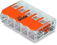 WAGO Verbindungsklemme COMPACT 5-fach, 25 Stück - Verwendung Klemmen: Drähte + Litzen - E-Nr.: 157812514 - Typ: Klemme - Klemmstellen: 5 × - Detailfarbe: Orange - Transparent - Eigenschaften Hausinstallation: Flammwidrig - Selbstlöschend