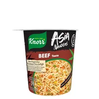 Knorr Becher Asia Noodles Beef 63 g - Produkttyp: Asiatische Nudelgerichte - Nährwertangabe pro: 100 g - Energiegehalt (in kj): 345 KJ - Energiegehalt (in kcal): 82 Kcal - Fett: 3.5 g - Gesättigte Fettsäuren: 1.7 g