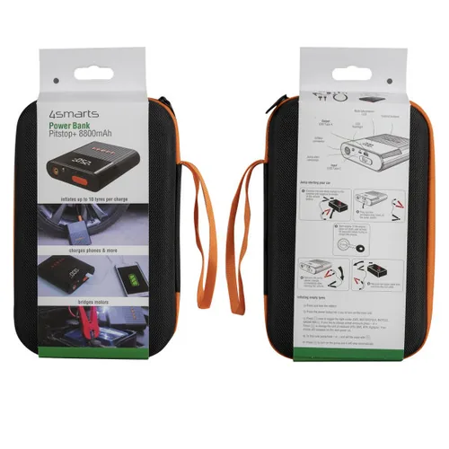 4smarts Powerbank PitStop+ mit Starthilfeausrüstung & Kompressor - Akkutyp: Lithium-Polymer (LiPo) - Akkukapazität: 8800 mAh - Detailfarbe: Schwarz - USB Ladeanschluss: 1 - USB-C PowerDelivery: Nein - Max. Output USB-C PowerDelivery: 0 W