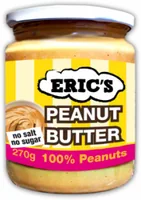Eric's Peanut Butter 100% 270 g - Produkttyp: Nusscremen - Nährwertangabe pro: 100 g - Energiegehalt (in kj): 2498 KJ - Energiegehalt (in kcal): 597 Kcal - Fett: 50 g - Gesättigte Fettsäuren: 6.8 g