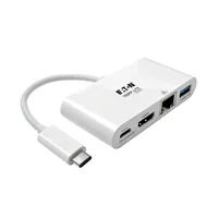Tripp Lite U444-06N-HGU-C USB-C Multiport Adapter - HDMI, USB 3.x (5Gbps) Hub Port, Gigabit Ethernet, 60W PD Charging, HDCP, White