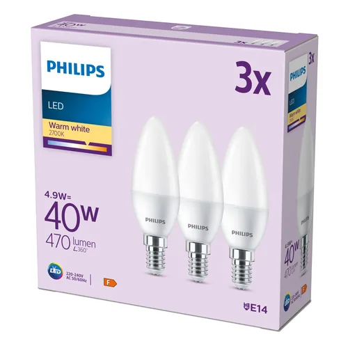 Philips Lampe LED 40W B35 E14 WW FR ND 3CT/6 EC Warmweiss (WW) - Energieeffizienzklasse EnEV 2020: F - Lampensockel: E14 - Farbtemperatur Kelvin: 2700 K - Gesamtleistung: 4.9 W - Dimmbar: nicht dimmbar - Zusätzliche Ausstattung: Keine