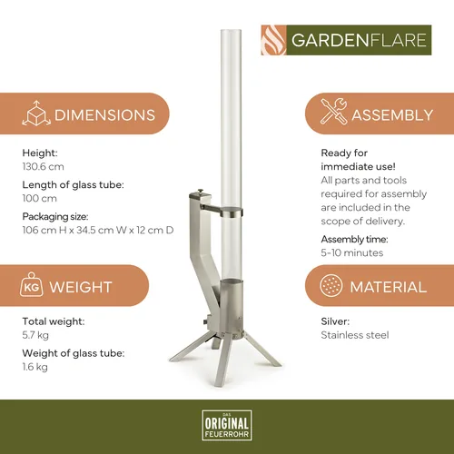 Gardenflare Klassik Feuerrohr Silber - Zusatzausstattung: Keine - Typ: Ambiente - Höhe: 130 cm - Durchmesser: 8 cm - Material: Borosilikatglas - Edelstahl - Edelstahl (pulverbeschichtet) - Metall