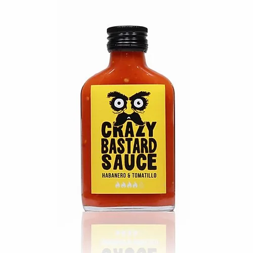 Crazy Bastard Sauce Hot Sauce Habanero und Tomatillo 100 ml - Produkttyp: Chilisauce - Nährwertangabe pro: 100 g - Energiegehalt (in kj): 236 KJ - Energiegehalt (in kcal): 56 Kcal - Fett: 0.7 g - Gesättigte Fettsäuren: 0.1 g
