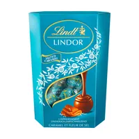 Lindt Schokoladen-Pralinen Lindor Kugeln Salted Caramel 200 g - Produkttyp: Milch - Nährwertangabe pro: 100 g - Energiegehalt (in kj): 2588 KJ - Energiegehalt (in kcal): 623 Kcal - Fett: 47 g - Gesättigte Fettsäuren: 35 g