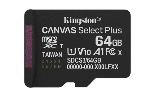 KINGSTON 64GB -  microSDXC -  Canvas -  Select -  Plus -  Gen3 -  100MB/s -  A1 -  Card -  + -  Adapter
