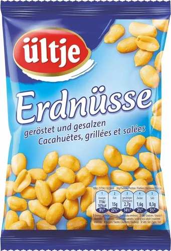 Ültje Apéro Erdnüsse 250 g - Produkttyp: Erdnüsse - Nährwertangabe pro: 100 g - Energiegehalt (in kj): 2562 KJ - Energiegehalt (in kcal): 619 Kcal - Fett: 51 g - Gesättigte Fettsäuren: 7.8 g