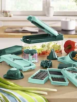 Genius Gemüseschneider Nicer Dicer Fusion + Slicer + Julietti 16tlg - Anwendungszweck: Früchte  - Gemüse  - Detailfarbe: Grün - Anzahl Teile: 16 Teile - Spülmaschinenfest: Nein - Set: Ja - Verarbeitungsart: Dicke Scheiben - Dünne Scheiben - Julienne - Sti