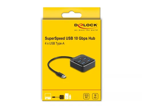 Delock USB-Hub 4 x USB 3.1 Typ-A - Stromversorgung: USB - Anzahl Ports: 4 - Detailfarbe: Schwarz - USB Standard: 3.1 Gen 2 (10 Gbps) - USB Anschluss 2 (Endgerät): USB A - USB Anschluss 1 (Quelle): USB C
