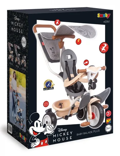 Smoby Dreirad Mickey Baby Balade Plus - Altersempfehlung ab: 10 Monaten - Ausstattung: Schiebestange - Detailfarbe: Beige - Grau - Material: Kunststoff