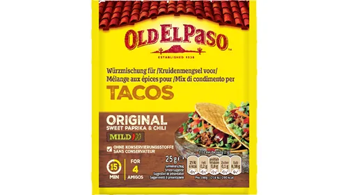Old El Paso Taco Mix 25 g - Produkttyp: Gewürzmischungen - Ernährungsweise: Vegan - Produktionsland: Niederlande - Nachhaltigkeit: Nicht angegeben - Packungsgrösse: 25 g - Fairtrade: Nein