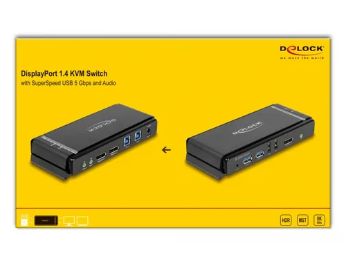 Delock KVM Switch DisplayPort 1.4 8K 60 Hz - Konsolen Ports: 2x DisplayPort (Dual View) - 3.5 mm Klinke - USB 3.0 - Computer Ports: USB 2.0 - 3.5 mm Klinke - DisplayPort - KVM-Art: Lokal - Anzahl Geräte: 2 - Montage: Desktop - Stromversorgung: Externes Ne