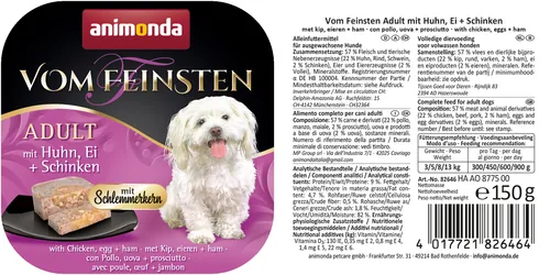 animonda Nassfutter Vom Feinsten 150g - Tierbedürfnis: Kein besonderes Bedürfnis - Nachhaltigkeit: Nicht angegeben - Lebensphase: Adult - Produkttyp: Alleinfutter - Packungsgrösse: 150 g - Fleischsorte: Huhn - Schinken