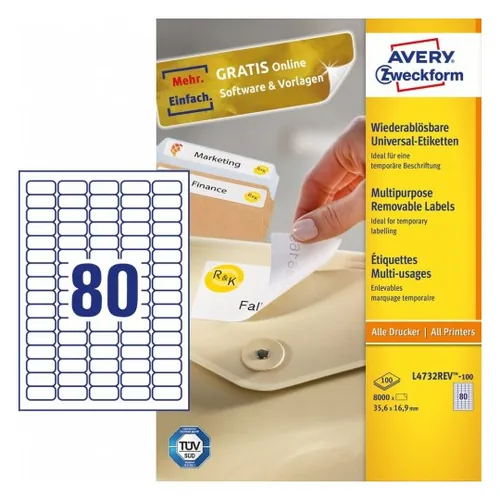 AVERY ZWECKFORM Universaletiketten 35,6x16,9mm L4732REV-100 weiss,non-perm. 8000S./100B.