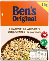 Ben's Original Langkorn- & Wildreis 1 kg - Produkttyp: Mischungen - Nährwertangabe pro: 100 g - Energiegehalt (in kj): 570 KJ - Energiegehalt (in kcal): 134 Kcal - Fett: 0.4 g - Gesättigte Fettsäuren: 0.1 g