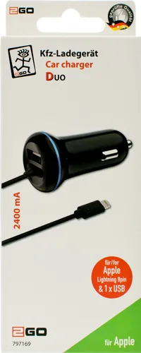 2GO USB-Kfz-Ladegerät 2400mA Lightning 1x USB 1,4m schwarz
