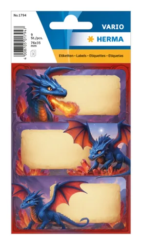 Herma Stickers Schuletiketten Dragon 3 Blatt / 9 Sticker - Produkttyp Bucheinbandprodukte: Schuletiketten - Detailfarbe: Blau - Rot