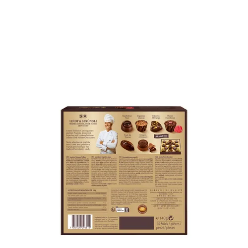 Lindt Schokoladen-Pralinen Connaisseurs Collection Noire 140 g - Produkttyp: Assortiert - Nährwertangabe pro: 100 g - Energiegehalt (in kj): 2314 KJ - Energiegehalt (in kcal): 555 Kcal - Fett: 35 g - Davon gesättigte Fettsäuren: 21 g