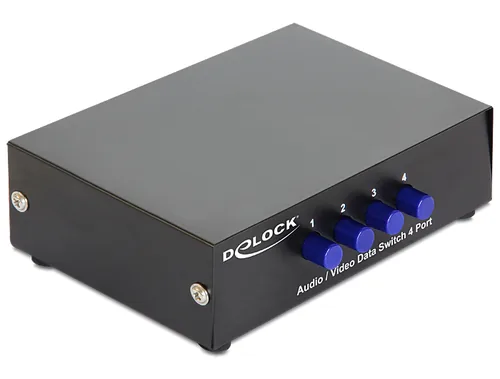 Delock Switchbox 4 Port 3xRCA Chinch Bidirektional, manuel - Anzahl Eingänge: 4 × - Steckertyp Seite A: Cinch - Anzahl Ausgänge: 1 × - Steckertyp Seite B: Cinch - Material: Metall - Bedienungsart: Tasten